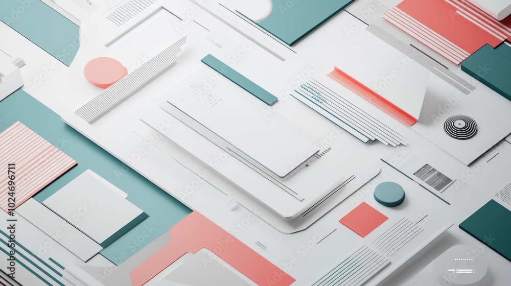A modern, abstract composition featuring geometric shapes and colors on a flat surface.