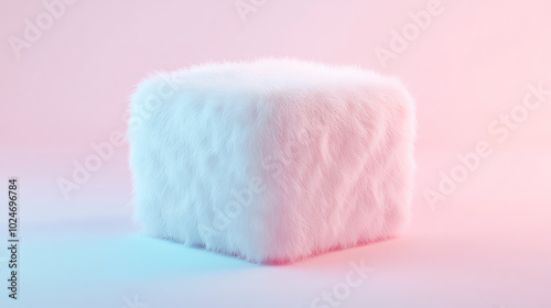Pastel-themed background with a fluffy ottoman in soft tones, featuring clean lines and a minimalistic layout, soft pastel lighting