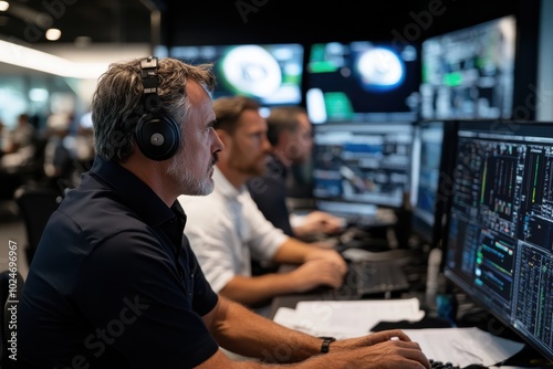 Weather analysts in a high-tech control room monitor storm developments, paying close attention to the changes and assessing possible impacts on affected regions.