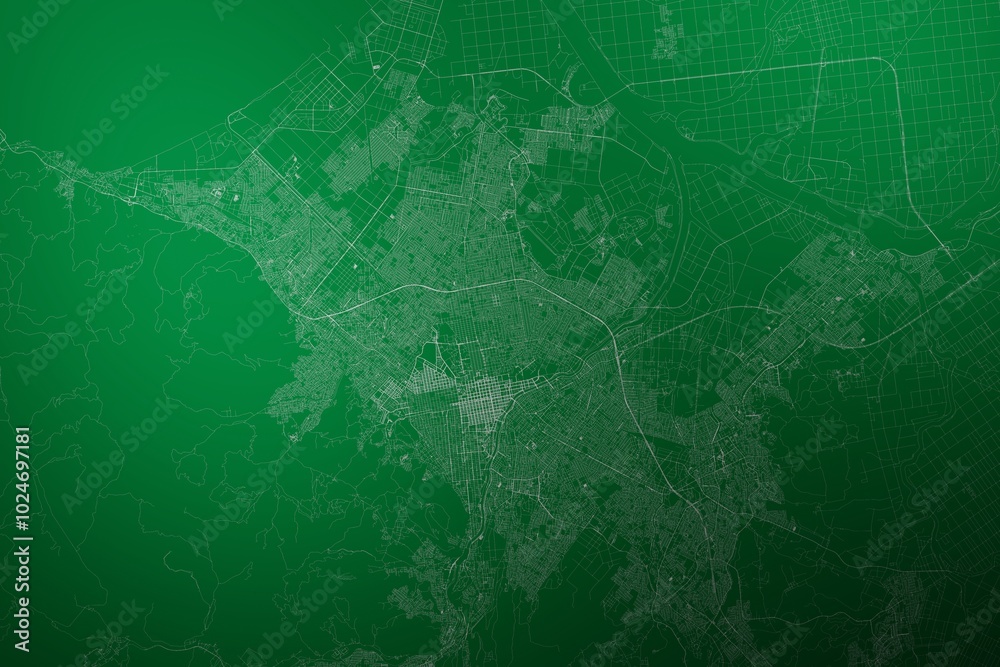 Map of the streets of Sapporo (Japan) made with white lines on abstract green background lit by two lights. Top view. 3d render, illustration Map of the streets of Sapporo (Japan) made with white lines on abstract green background lit by two lights. Top view. 3d render, illustration