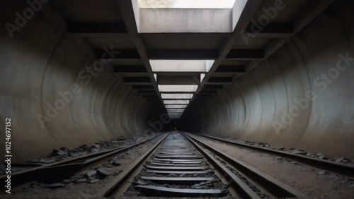 Underground Railway Tunnel with Overgrowth: This wide concrete tunnel, once used by trains, now houses overgrown weeds and plants. Light at the end of the tunnel illuminates the abandoned tracks, crea