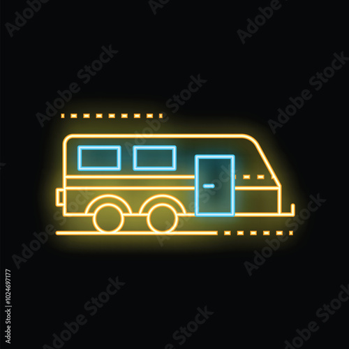 Neon icon of a train car with the door open, inviting passengers to board and travel in style and comfort