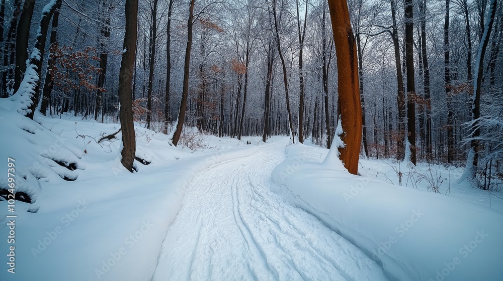 Snow-covered path winding through a forest with bare trees and some remaining brown leaves. Fresh tire tracks are visible on the path, and the ground is heavily covered in snow. Snow-covered path winding through a forest with bare trees and some remaining brown leaves. Fresh tire tracks are visible on the path, and the ground is heavily covered in snow.