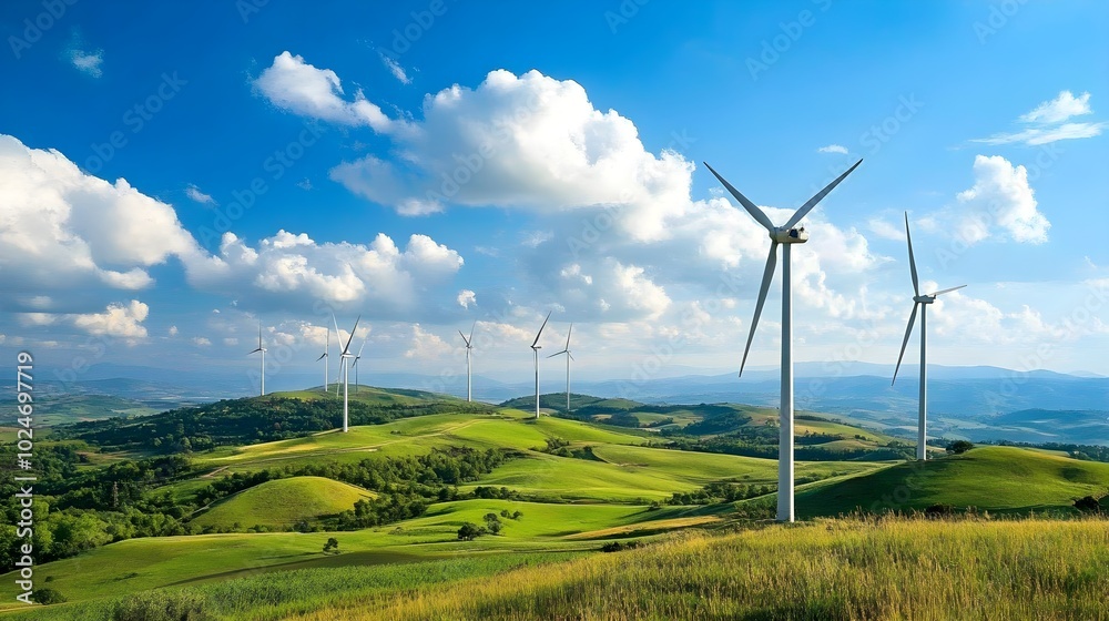 Wind turbine blades turning in a peaceful countryside setting, generating renewable energy against a backdrop of rolling hills and open skies Wind turbine blades turning in a peaceful countryside setting, generating renewable energy against a backdrop of rolling hills and open skies