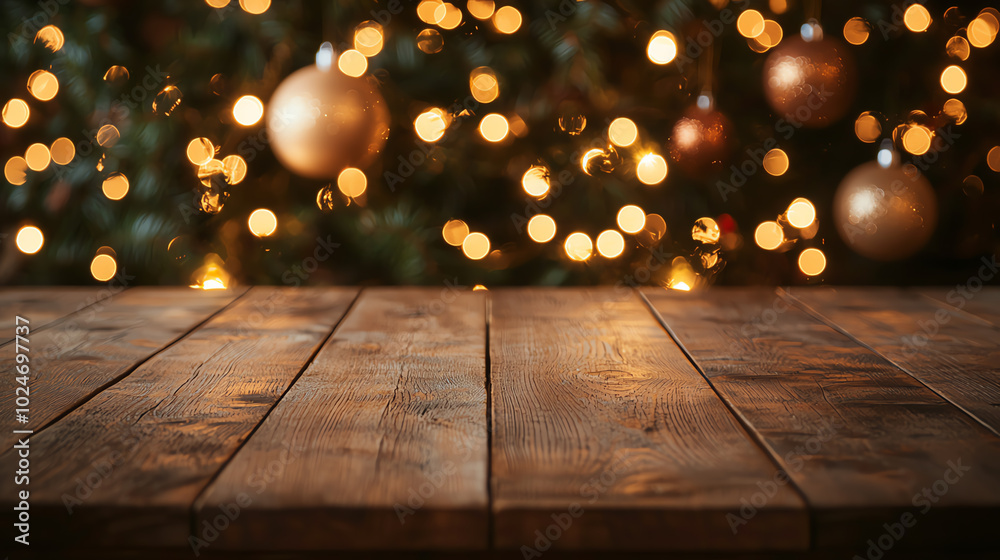 Wood table top with blurred Christmas tree and festive room background, soft warm lights, cozy holiday ambiance, perfect for product mockups Wood table top with blurred Christmas tree and festive room background, soft warm lights, cozy holiday ambiance, perfect for product mockups