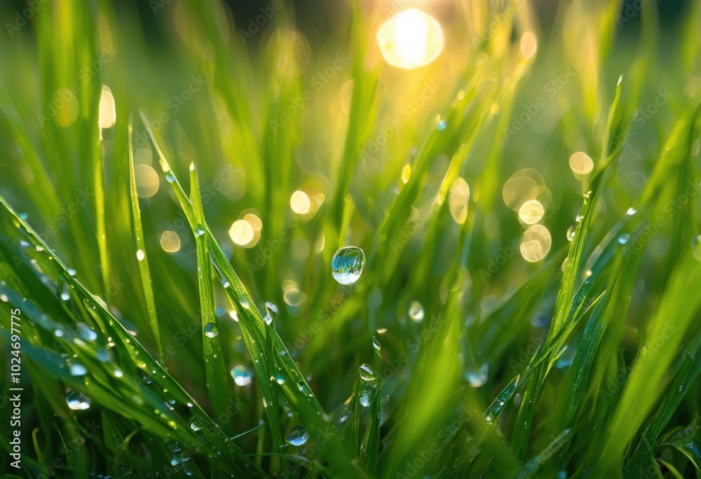 Fototapeta premium stunning macro close dew drenched grass blades highlighting sparkling beauty dawn, droplets, morning, sunlight, nature, texture, green, freshness