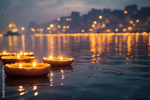 Thousands of Diyas Floating on the Ganges River in Varanasi India during Diwali photo