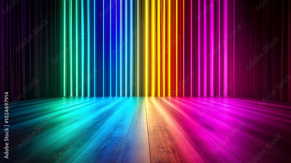 A dynamic image of rainbow-colored lights arranged in vertical stripes, pulsating with vibrant intensity, creating an electrifying atmosphere in a modern stage setup, perfect for live performances A dynamic image of rainbow-colored lights arranged in vertical stripes, pulsating with vibrant intensity, creating an electrifying atmosphere in a modern stage setup, perfect for live performances