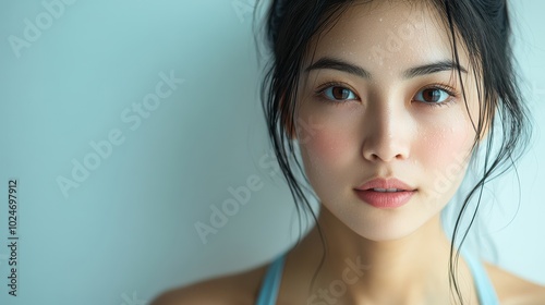 Energetic Asian Woman Overcoming Post-Workout Perseverance While Standing and Sweating photo