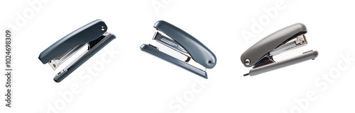 Three gray metal staplers are shown against a white background. The staplers are arranged in a row from left to right. The staplers are in different positions with the top of one, the bottom of anothe photo