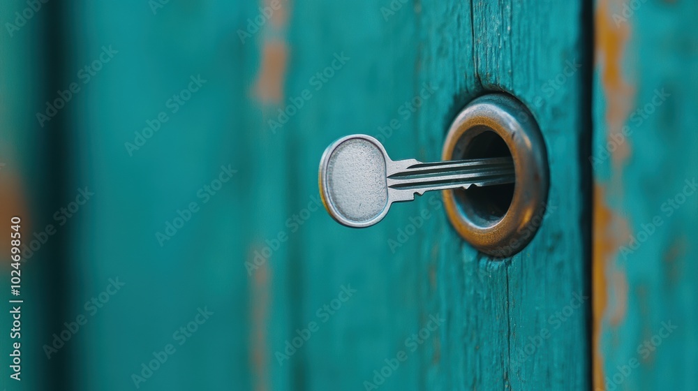 Key in a turquoise wooden door lock, symbolizing security and access, AI Key in a turquoise wooden door lock, symbolizing security and access, AI