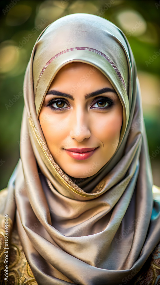 A young Muslim woman smiles gently at the camera.