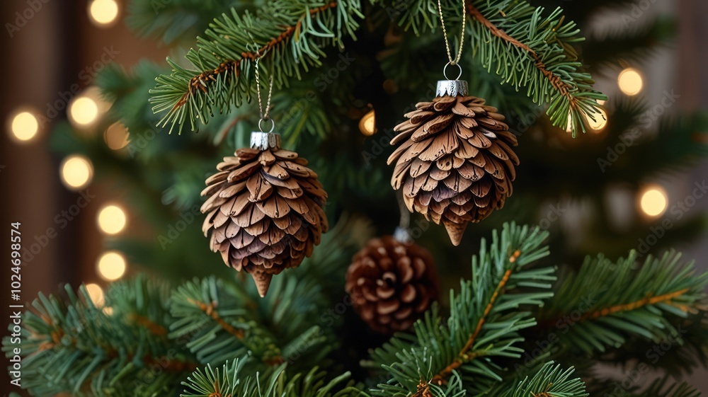 Two pine cone ornaments hanging on a Christmas tree, with a blurry background of warm string lights. Two pine cone ornaments hanging on a Christmas tree, with a blurry background of warm string lights.