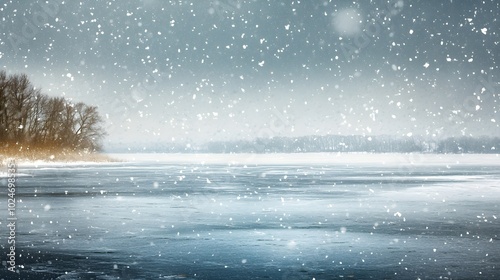 A serene winter scene featuring drifting snowflakes gently falling across a vast frozen lake, capturing the cold and desolate atmosphere with muted colors and a tranquil, untouched landscape 