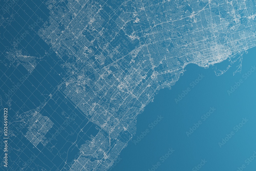 Obraz premium Map of the streets of Mississauga (Canada) made with white lines on blue paper. Rough background. 3d render, illustration