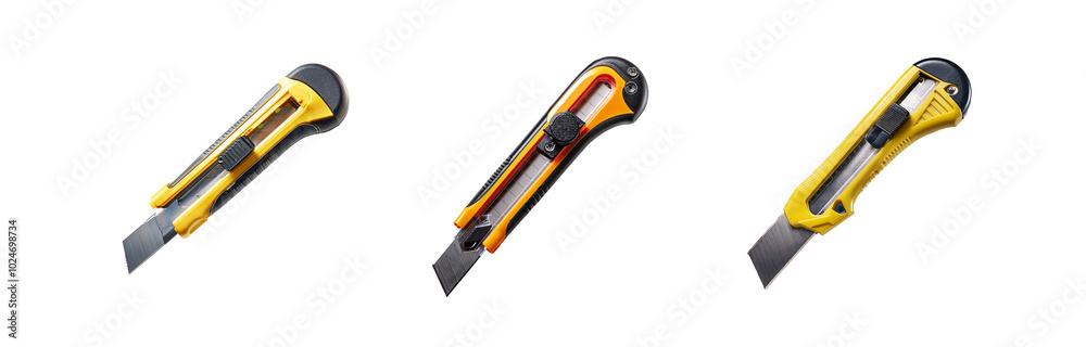 Three yellow and black utility knives are arranged in a row on a white background. Three yellow and black utility knives are arranged in a row on a white background.