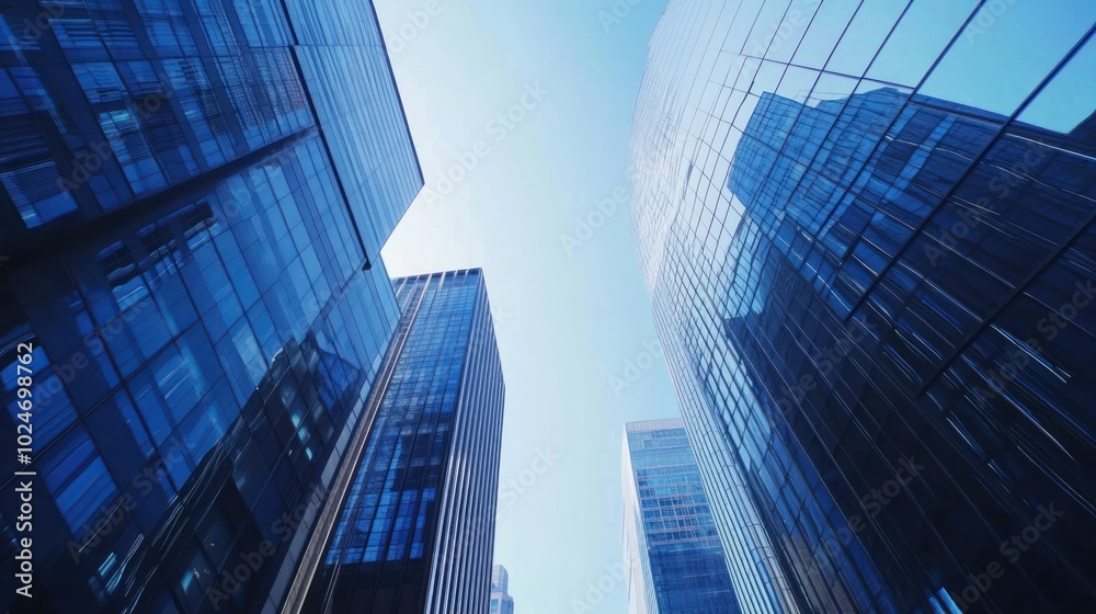 A low-angle view of towering skyscrapers in a modern city A low-angle view of towering skyscrapers in a modern city