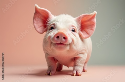 Happy young pig isolated on white background. Funny animals emotions.