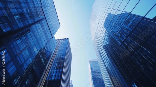 A low-angle view of towering skyscrapers in a modern city