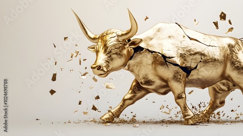 Cracked golden bull statue breaking apart, symbolizing the collapse of a market rally, with pieces of the bull falling away against a neutral background  photo