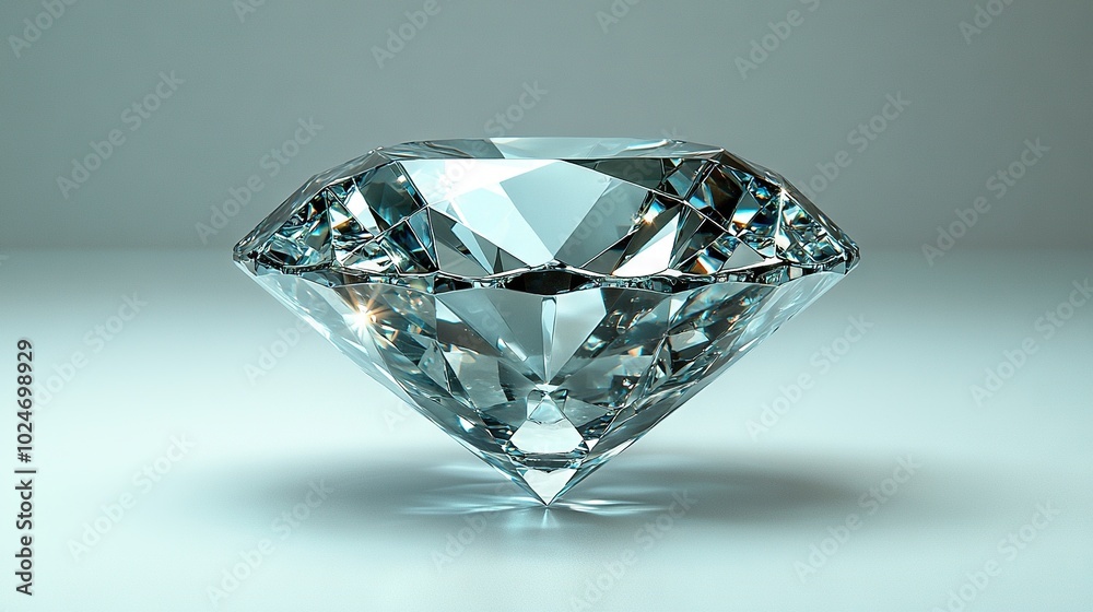 Close-up of diamond on white surface with light reflection on diamond and ground Close-up of diamond on white surface with light reflection on diamond and ground
