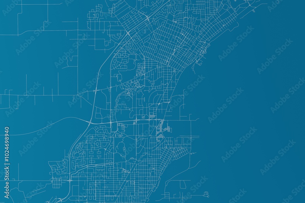 Fototapeta premium Map of the streets of Thunder Bay (Canada) made with white lines on blue background. 3d render, illustration