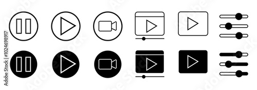 Video player icon set. Containing play or start button, pause or stop, media, camera, live, cinema, multimedia, film, handycam, clapperboard, movie, streaming or online video. Vector illustration