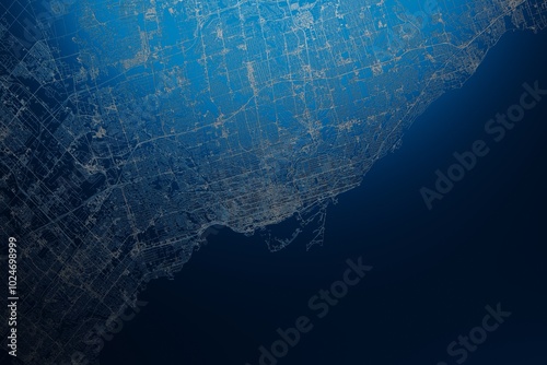 Street map of Toronto (Canada) engraved on blue metal background. View with light coming from top. 3d render, illustration