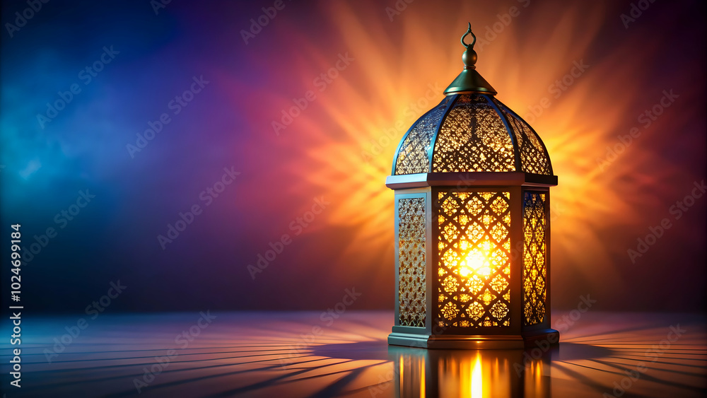 A traditional Arabic lantern glows on a wooden surface against a sunset backdrop. A traditional Arabic lantern glows on a wooden surface against a sunset backdrop.
