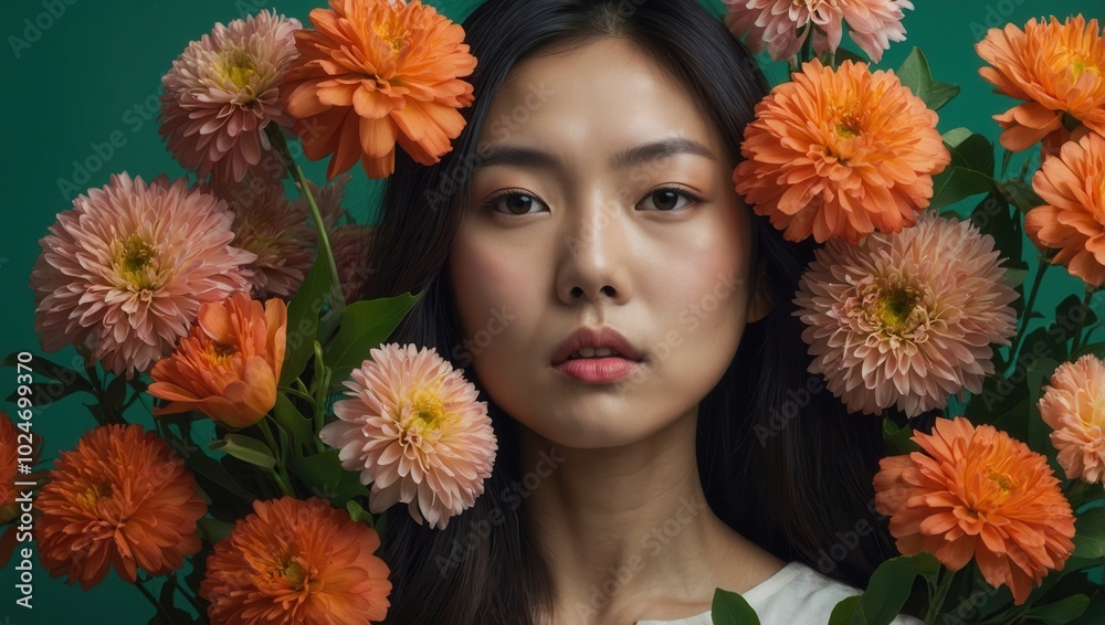 East Asian woman peeking through yellow flowers, artistic portrait with layered effect