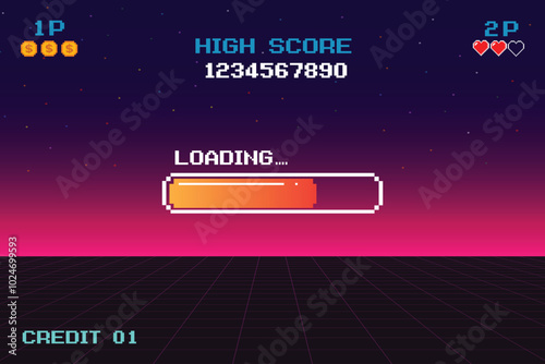 LOADING bar .pixel art .8 bit. retro game. for game assets in vector illustrations. Retro Futurism Sci-Fi Background. glowing neon grid and star from vintage arcade computer game.