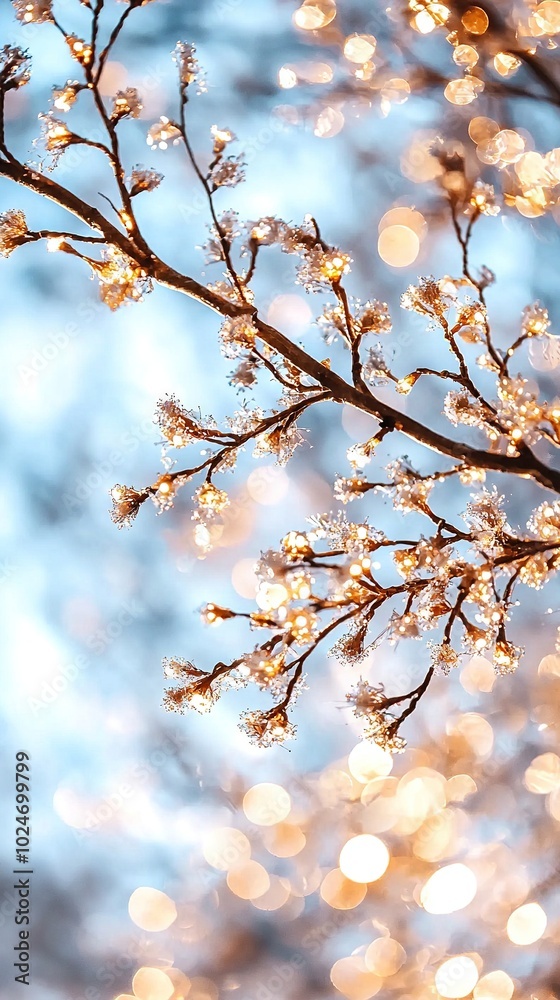A detailed shot of a tree's branch brimming with small white blossoms against a blue sky backdrop A detailed shot of a tree's branch brimming with small white blossoms against a blue sky backdrop