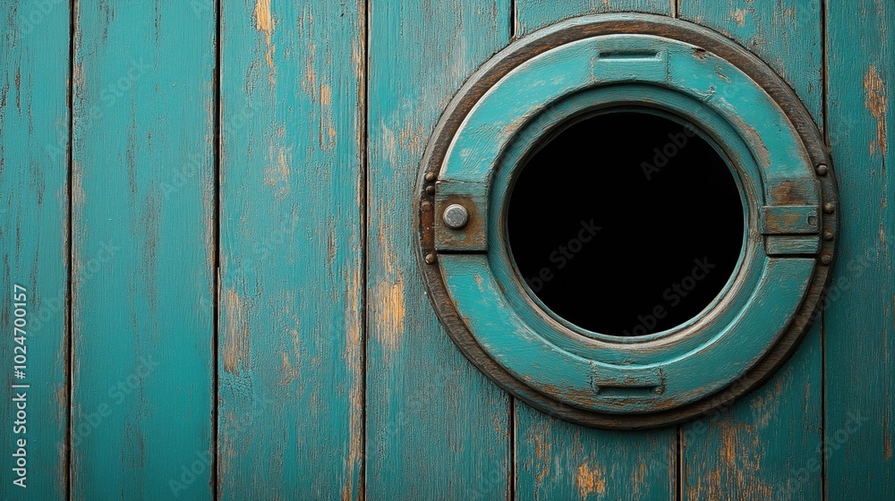 Close-up of a weathered blue wooden ship door with a round porthole, showcasing rustic textures and nautical design elements. Close-up of a weathered blue wooden ship door with a round porthole, showcasing rustic textures and nautical design elements.