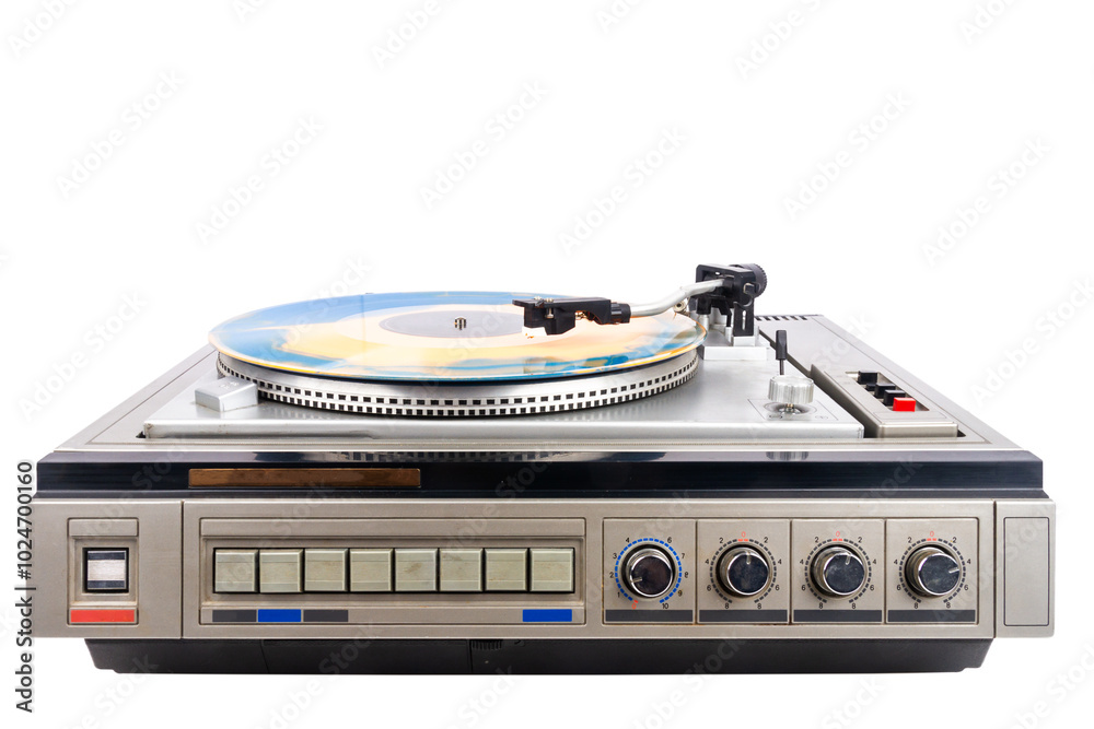 Fototapeta premium Vintage turntable record player with blue and orange vinyl isolated on white background.