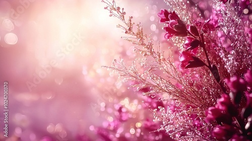  A macro shot of vibrant blooms with dewdrops adorning petals, bathed in golden rays