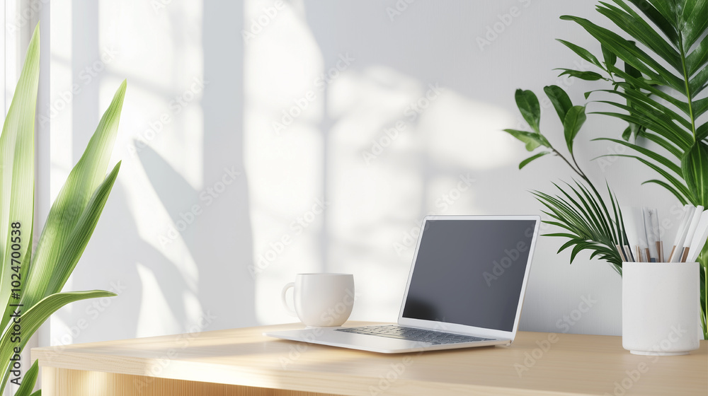 A laptop is on a desk next to a plant and two cups. The scene is simple and clean, with a focus on the laptop and the plant A laptop is on a desk next to a plant and two cups. The scene is simple and clean, with a focus on the laptop and the plant