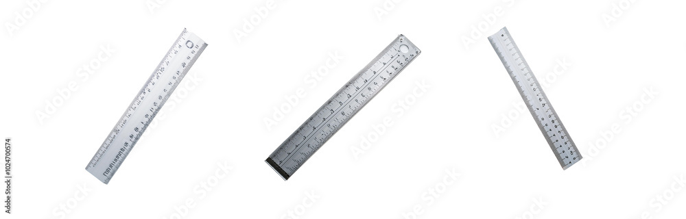 Three metal rulers are arranged in a triangle shape against a white background. Three metal rulers are arranged in a triangle shape against a white background.