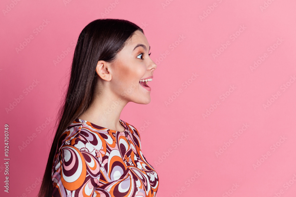 Photo portrait of teenager latin brunette girl in stylish glamour shirt surprised looking empty space isolated on pink color background Photo portrait of teenager latin brunette girl in stylish glamour shirt surprised looking empty space isolated on pink color background