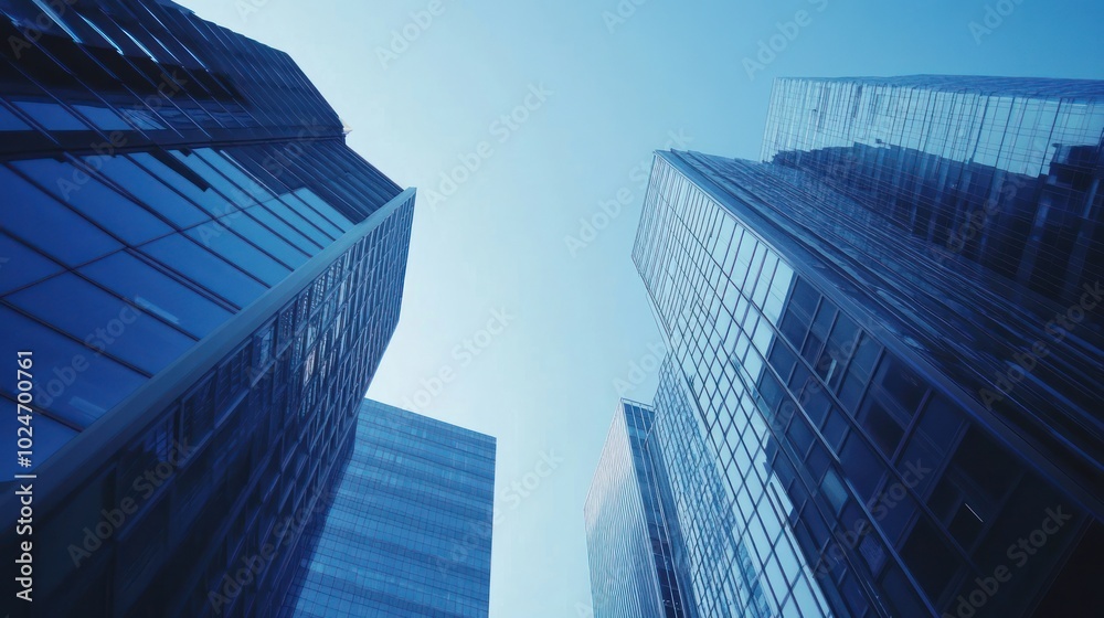 Fototapeta premium A Low Angle View of Tall Modern Glass Buildings Against a Blue Sky