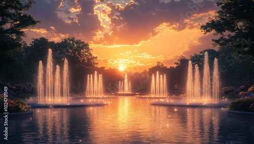 Wallpaper Mural A serene sunset view over a fountain-filled pond, creating a tranquil atmosphere. Torontodigital.ca
