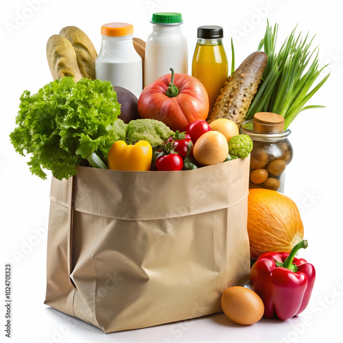 A brown paper bag overflowing with fresh groceries.