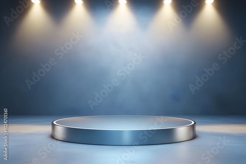 Metallic 3D Podium with Sleek Spotlights Designed for Premium Product Displays or Presentations