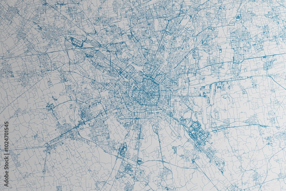 Fototapeta premium Map of the streets of Milan (Italy) made with blue lines on white paper. 3d render, illustration