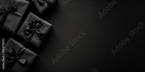 Black Friday banner with black gift boxes. Black Friday background with space for text. Generative AI.