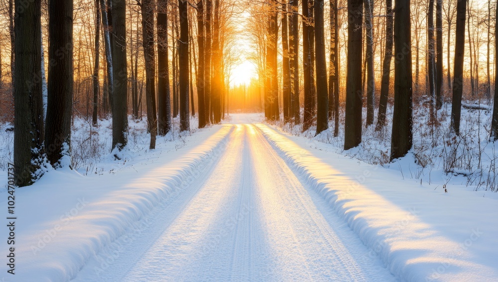 Naklejka premium Snowy Forest Road At Sunrise