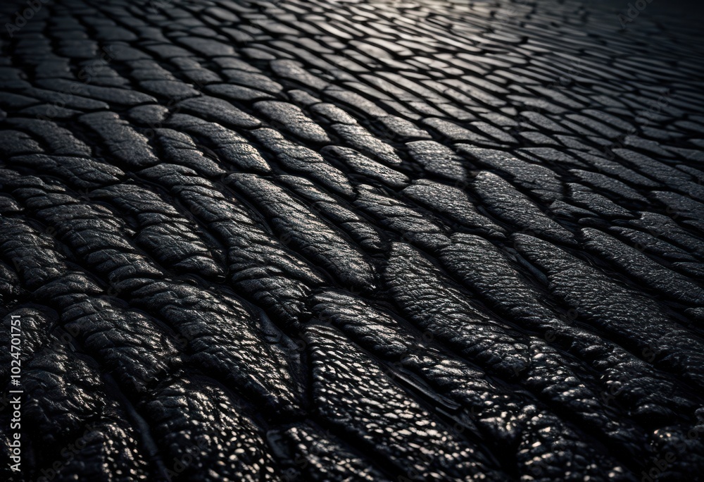 detailed macro shot capturing textured surface pattern fresh asphalt displaying rich dark hue, smooth, black, pavement, road, ground, construction, material