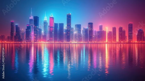 Neon cityscape skyline reflected in water at night.