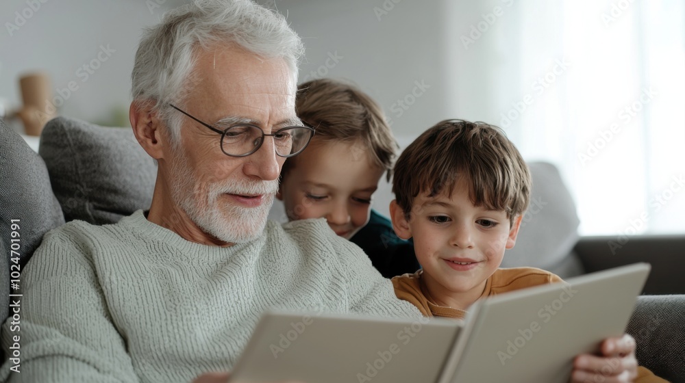 grandfather reading book with two young boys in cozy living room, sharing joyful moment together. warmth of family bonds is evident in their smiles and engagement grandfather reading book with two young boys in cozy living room, sharing joyful moment together. warmth of family bonds is evident in their smiles and engagement