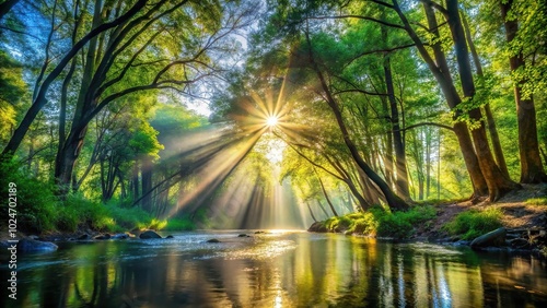 Sunlight shining through trees onto river in forest low angle view