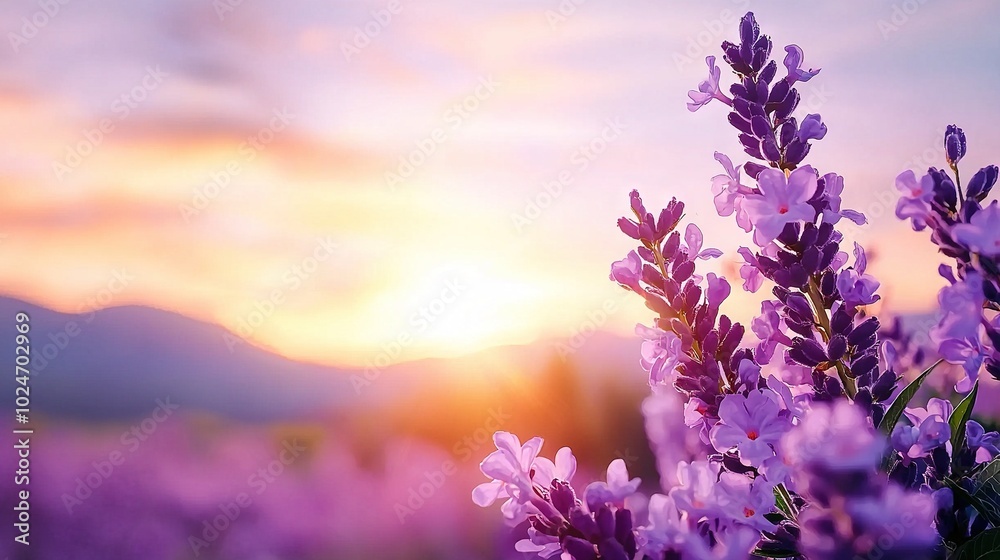 Purple flowers in a field facing the setting sun with mountains behind Purple flowers in a field facing the setting sun with mountains behind